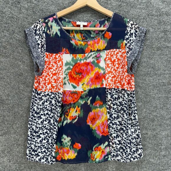 Joie Blouse Women S Small Blue Floral Short Sleeve Round Neck Silk Casual - Picture 1 of 7